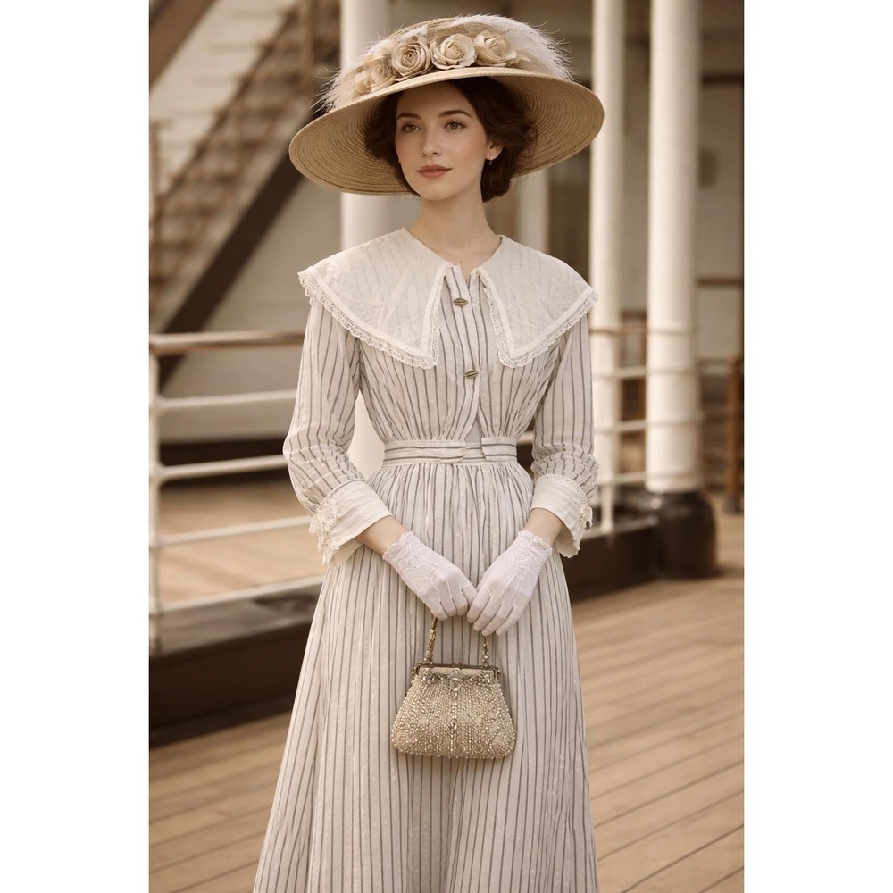 Antique Edwardian Titanic Era Cotton Dress, stripes Swiss Dot with Buttons